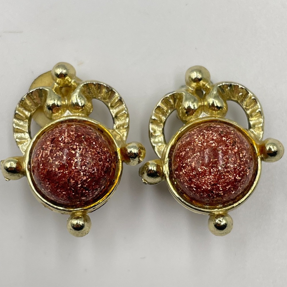 Vintage Gold Tone Faux Goldstone Cabochon Crown Statement Clip On Earrings